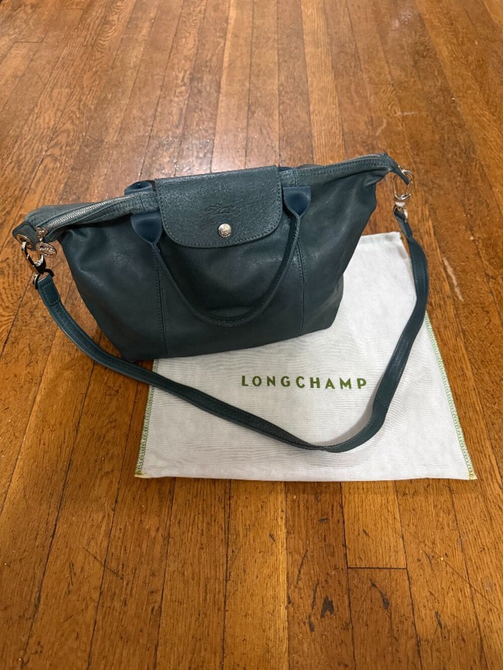 Vintage Made in France Longchamp Le Pliage Cuir Small Duck Blue